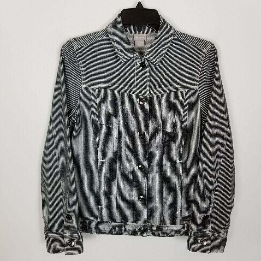 Chico's Women's Striped Denim Jacket Size S Black White Button Up  Preppy Casual